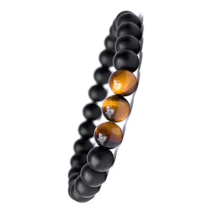 Yellow Chimes Reiki Healing Black Natural Tiger Eye Stone Beads Matte Three Lucky Beads Bracelet for Men and Boys Yellow Chimes Earrings