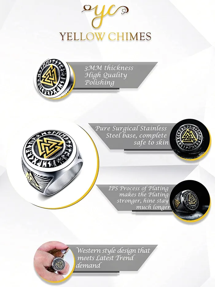 Yellow Chimes Rings for Men Stainless Steel Valknut Ring with Rune Circle Odin Symbol Band Finger Ring for Men and Boys Yellow Chimes Necklaces