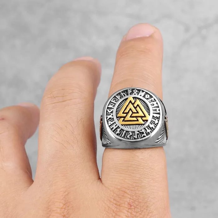 Yellow Chimes Rings for Men Stainless Steel Valknut Ring with Rune Circle Odin Symbol Band Finger Ring for Men and Boys Yellow Chimes Necklaces