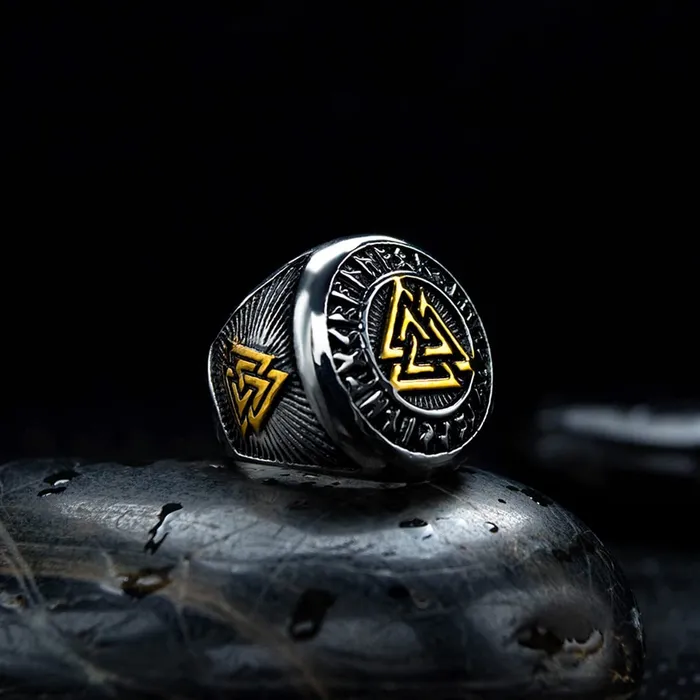 Yellow Chimes Rings for Men Stainless Steel Valknut Ring with Rune Circle Odin Symbol Band Finger Ring for Men and Boys Yellow Chimes Necklaces