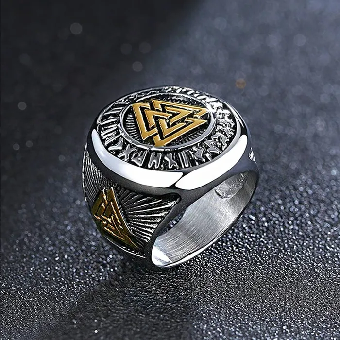 Yellow Chimes Rings for Men Stainless Steel Valknut Ring with Rune Circle Odin Symbol Band Finger Ring for Men and Boys Yellow Chimes Necklaces