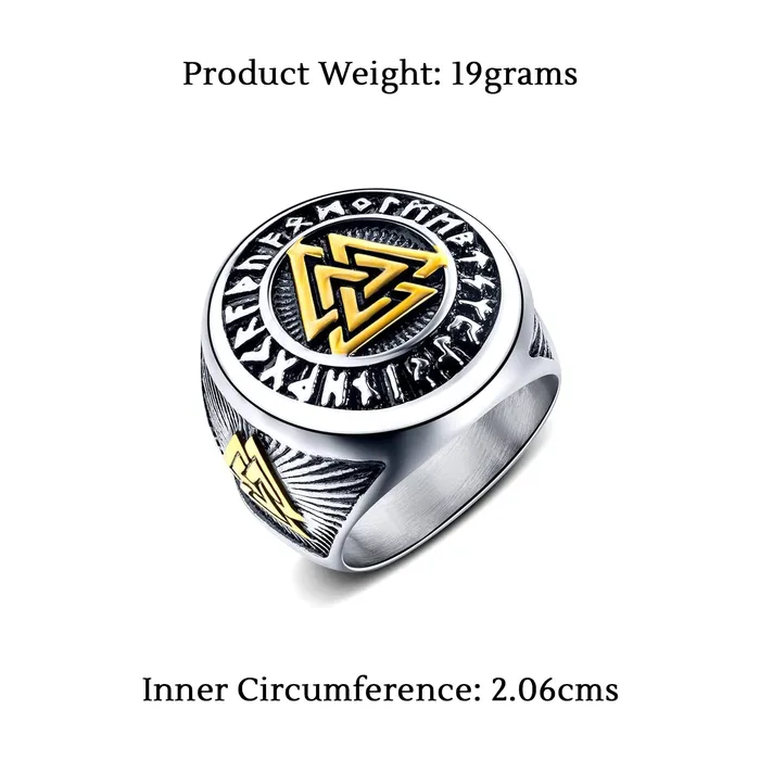 Yellow Chimes Rings for Men Stainless Steel Valknut Ring with Rune Circle Odin Symbol Band Finger Ring for Men and Boys Yellow Chimes Necklaces