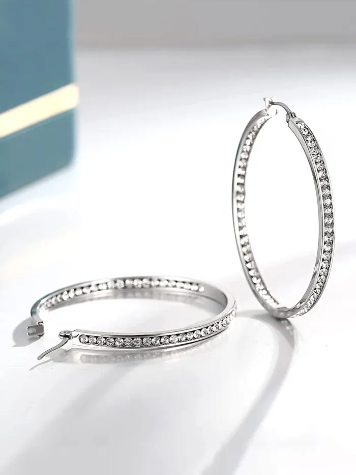 Yellow Chimes Rings Yellow Chimes Earrings for Women Fashion White Crystal Hoops Rhodium Plated Silver Big Hoops Earrings for Girls Birthday Gift for Girls Women Anniversary Gift for Wife