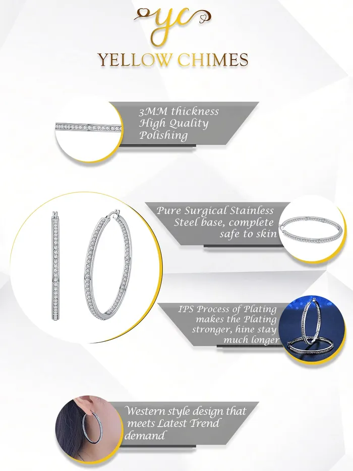 Yellow Chimes Rings Yellow Chimes Earrings for Women Fashion White Crystal Hoops Rhodium Plated Silver Big Hoops Earrings for Girls Birthday Gift for Girls Women Anniversary Gift for Wife
