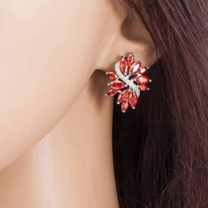 Yellow Chimes Rings Yellow Chimes Elegant Latest Fashion Silver Toned Red Studded Crystal Floral Design Stud Earrings for Women and Girls medium