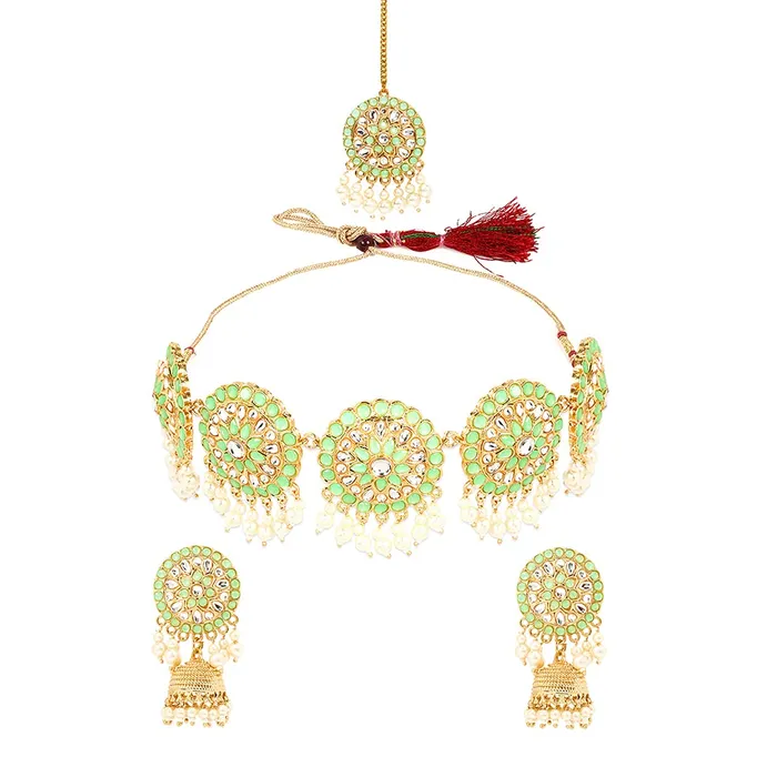 Yellow Chimes Rings Yellow Chimes Ethnic Gold Plated Studded Kundan Green Beads Design Jewellery Set Traditional Choker Necklace Set with Earrings and maang Tikka for Women and Girls Design 8 Yellow Chimes Rings Yellow Chimes Ethnic Gold Plated Studded Kundan Green Beads Design Jewellery Set Traditional Choker Necklace Set with Earrings and maang Tikka for Women and Girls Design 8