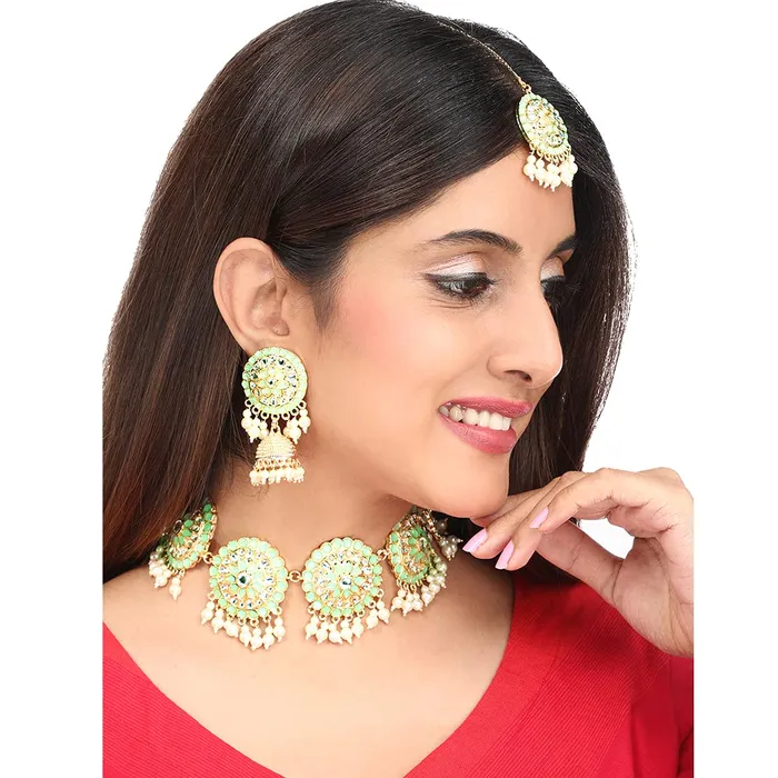 Yellow Chimes Rings Yellow Chimes Ethnic Gold Plated Studded Kundan Green Beads Design Jewellery Set Traditional Choker Necklace Set with Earrings and maang Tikka for Women and Girls Design 8