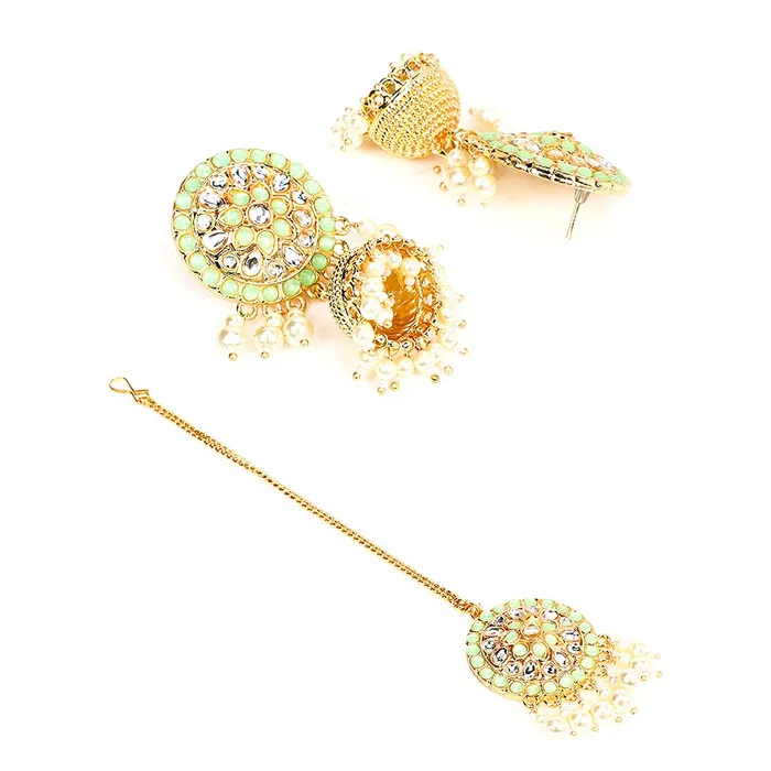 Yellow Chimes Rings Yellow Chimes Ethnic Gold Plated Studded Kundan Green Beads Design Jewellery Set Traditional Choker Necklace Set with Earrings and maang Tikka for Women and Girls Design 8
