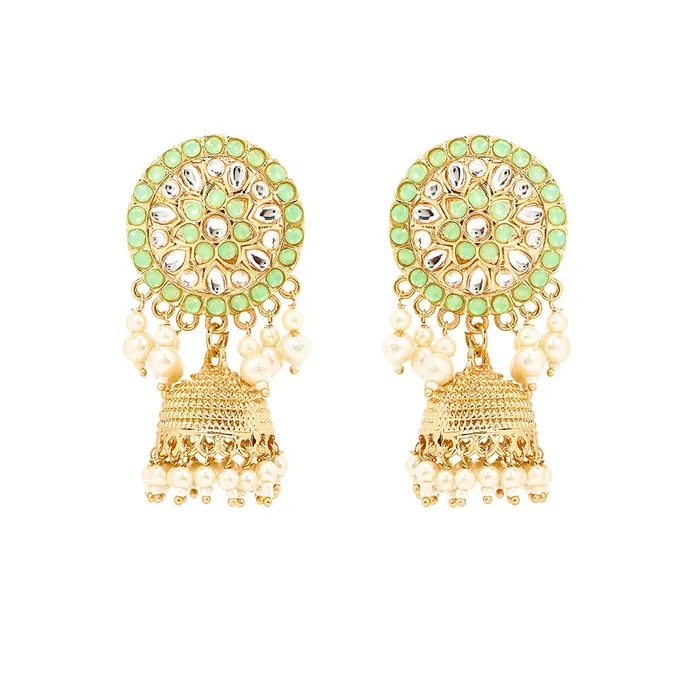 Yellow Chimes Rings Yellow Chimes Ethnic Gold Plated Studded Kundan Green Beads Design Jewellery Set Traditional Choker Necklace Set with Earrings and maang Tikka for Women and Girls Design 8