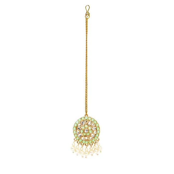 Yellow Chimes Rings Yellow Chimes Ethnic Gold Plated Studded Kundan Green Beads Design Jewellery Set Traditional Choker Necklace Set with Earrings and maang Tikka for Women and Girls Design 8