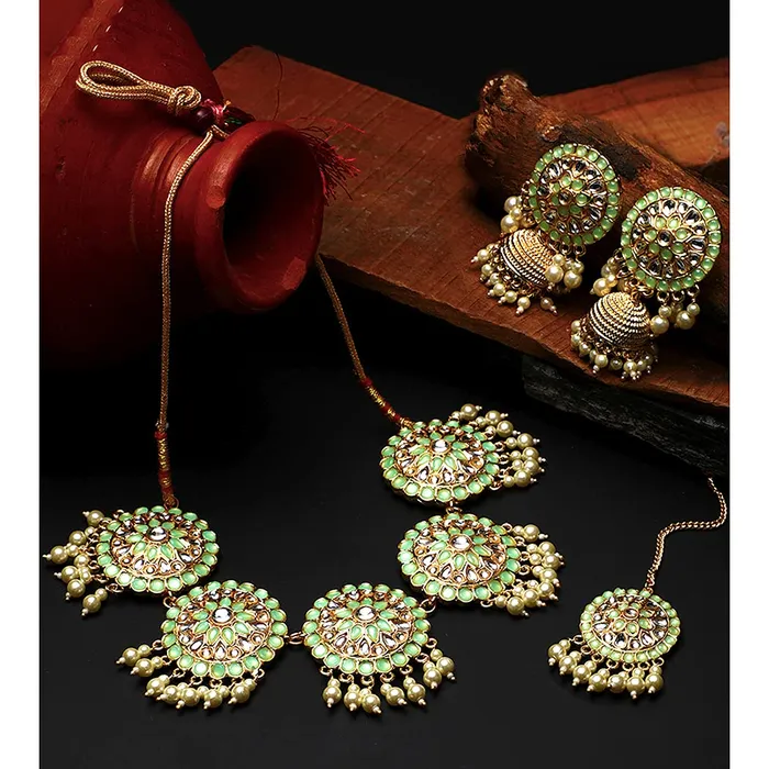 Yellow Chimes Rings Yellow Chimes Ethnic Gold Plated Studded Kundan Green Beads Design Jewellery Set Traditional Choker Necklace Set with Earrings and maang Tikka for Women and Girls Design 8