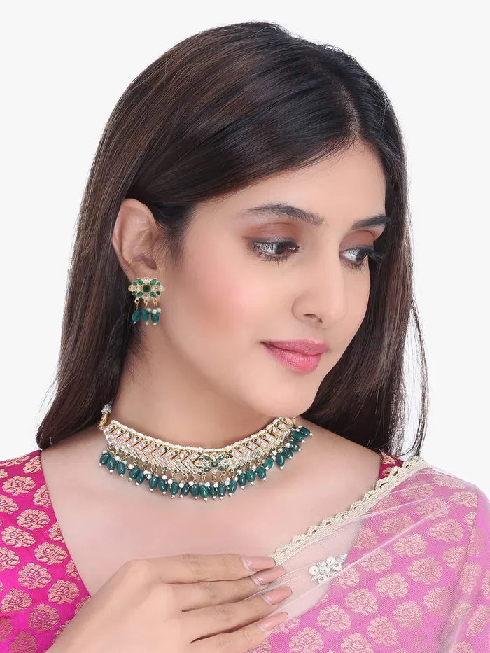 Yellow Chimes Rings Yellow Chimes Ethnic Handcrafted Kundan Jewellery Set Gold Plated Traditional Choker Necklace Set for women Girls Green Golden