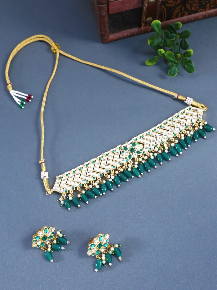 Yellow Chimes Rings Yellow Chimes Ethnic Handcrafted Kundan Jewellery Set Gold Plated Traditional Choker Necklace Set for women Girls Green Golden