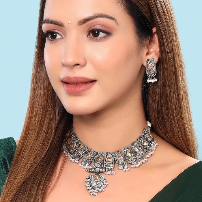 Yellow Chimes Rings Yellow Chimes Jewellery Set for Women and Girls Choker Set for Women Silver Tone White Beads Drop Stone Choker Necklace Set for Women Birthday Gift For Girls Women Anniversary Gift for Wife