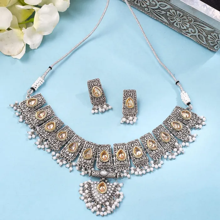 Yellow Chimes Rings Yellow Chimes Jewellery Set for Women and Girls Choker Set for Women Silver Tone White Beads Drop Stone Choker Necklace Set for Women Birthday Gift For Girls Women Anniversary Gift for Wife