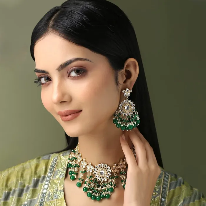 Yellow Chimes Rings Yellow Chimes Jewellery Set for Women and Girls Traditional Kundan Necklaces Set Gold Plated Green Beads Drop Kundan Set Birthday Gift for girls and women Anniversary Gift for Wife