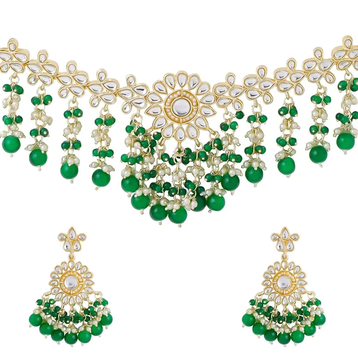 Yellow Chimes Rings Yellow Chimes Jewellery Set for Women and Girls Traditional Kundan Necklaces Set Gold Plated Green Beads Drop Kundan Set Birthday Gift for girls and women Anniversary Gift for Wife