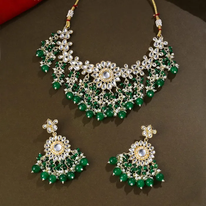 Yellow Chimes Rings Yellow Chimes Jewellery Set for Women and Girls Traditional Kundan Necklaces Set Gold Plated Green Beads Drop Kundan Set Birthday Gift for girls and women Anniversary Gift for Wife