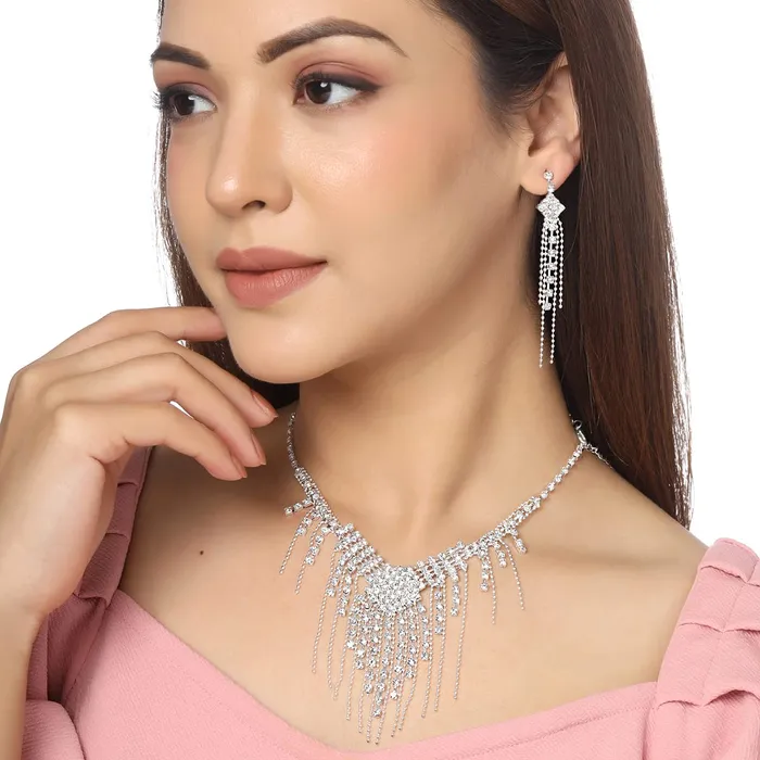 Yellow Chimes Rings Yellow Chimes Jewellery Set For Women Silver Toned Drop Chain Designed Necklace Set With Earring For Women and Girls