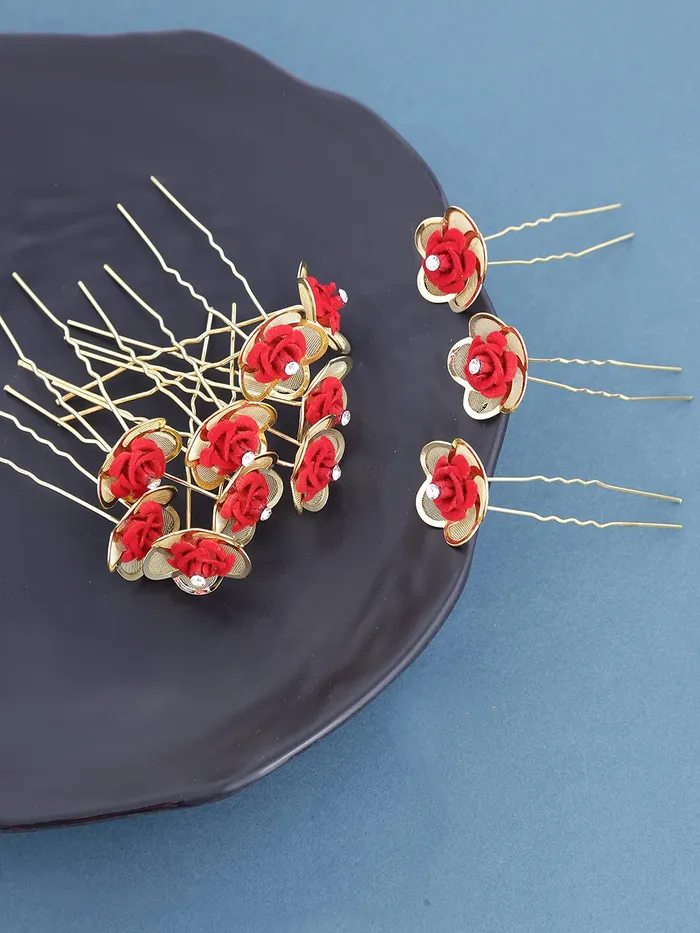 Yellow Chimes Rings Yellow Chimes Juda Pin for Women Comb Pin Set of 12 Pcs Rose Juda Pins For Girls and Hair Comb Pin Bun Decoratie Pearl Comb Pin Hair Accessories