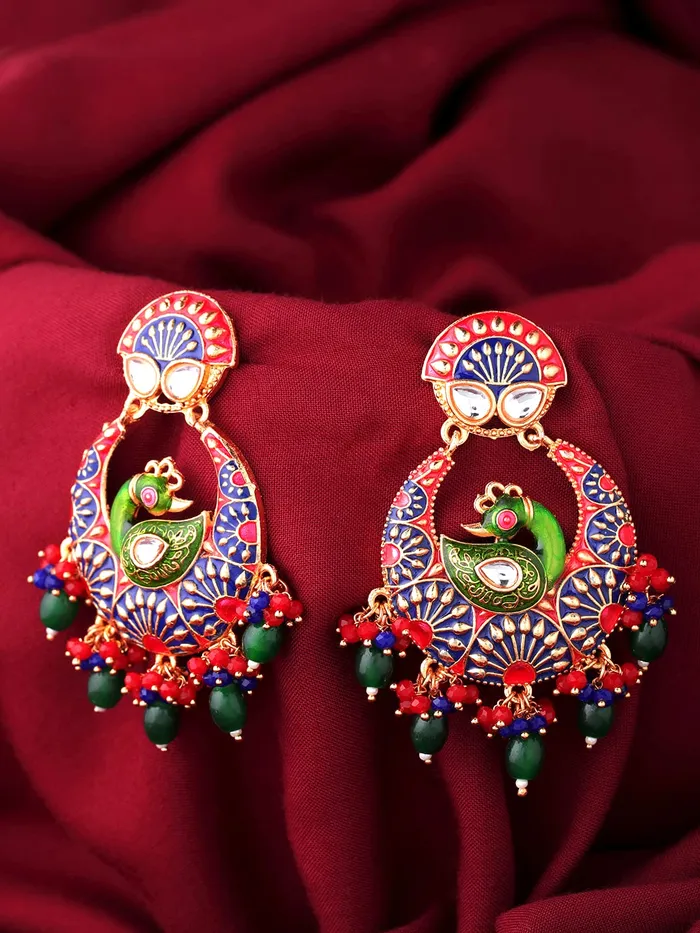 Yellow Chimes Traditional Gold Toned Multicolour Peacock Design Pearl Meenakari Chandbali Earrings for Women and Girls Medium YCTJER91MNKPCKMC Yellow Chimes Earrings