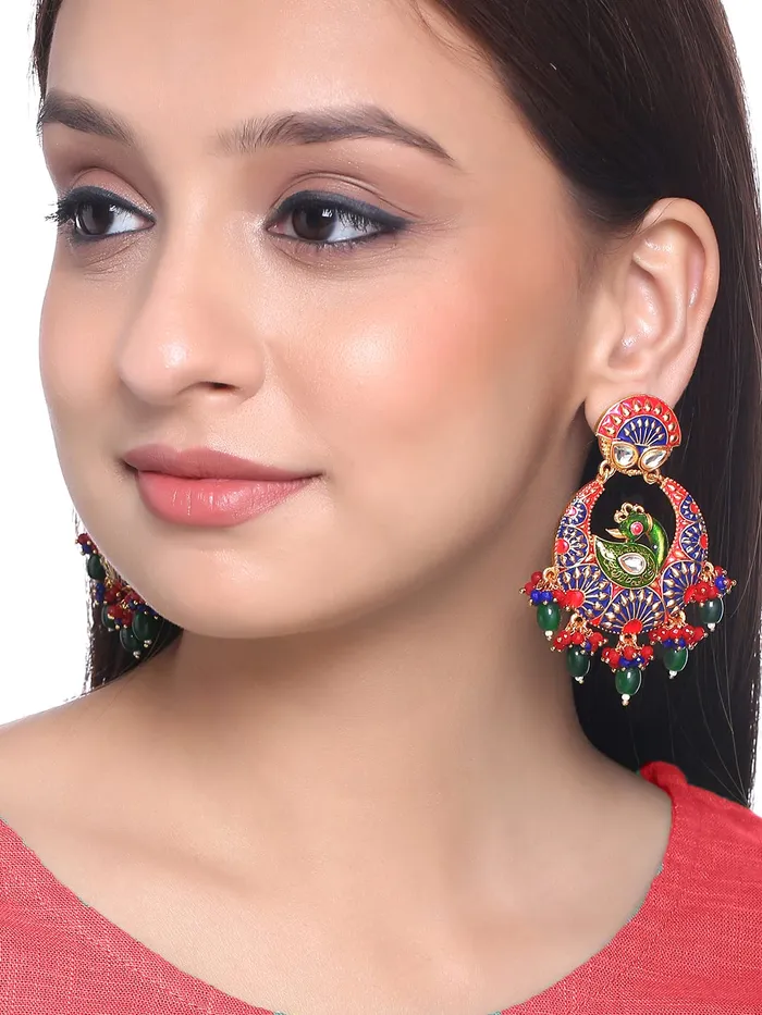 Yellow Chimes Traditional Gold Toned Multicolour Peacock Design Pearl Meenakari Chandbali Earrings for Women and Girls Medium YCTJER91MNKPCKMC Yellow Chimes Earrings