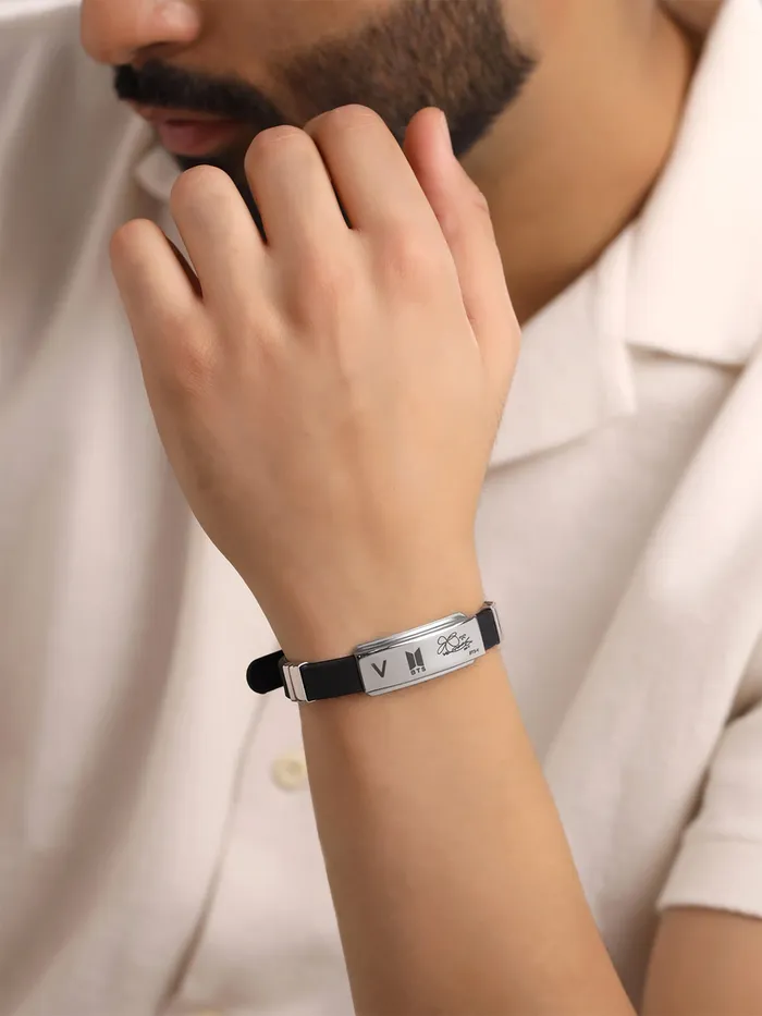 Yellow Chimes Yellow Chimes Bracelets for Girls and Boys BTS Bracelet for Girls Boys Silver Toned BTS Band Exquisite Signature VBTS Bracelets Stainless Steel Silicon Wristband Bracelet Necklaces