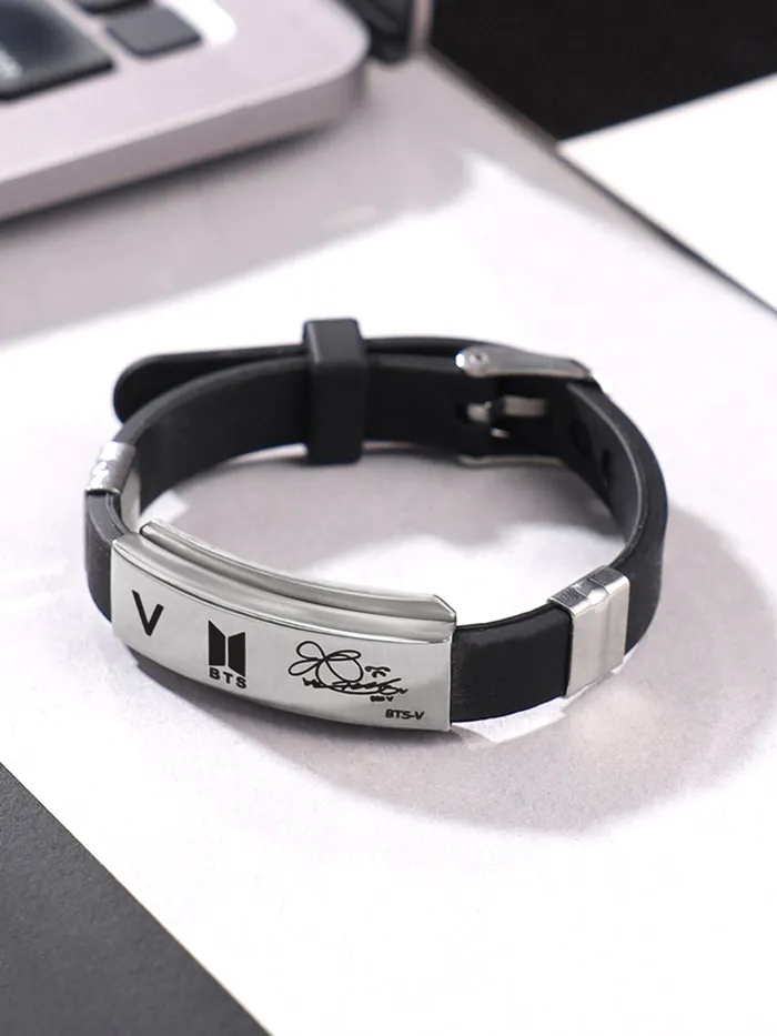 Yellow Chimes Yellow Chimes Bracelets for Girls and Boys BTS Bracelet for Girls Boys Silver Toned BTS Band Exquisite Signature VBTS Bracelets Stainless Steel Silicon Wristband Bracelet Necklaces