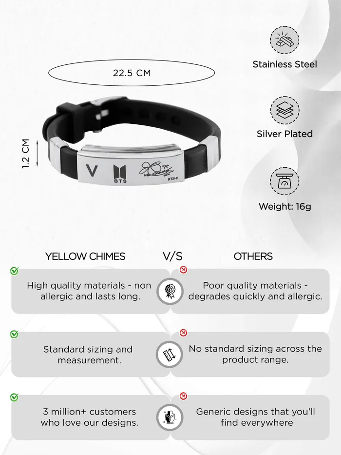 Yellow Chimes Yellow Chimes Bracelets for Girls and Boys BTS Bracelet for Girls Boys Silver Toned BTS Band Exquisite Signature VBTS Bracelets Stainless Steel Silicon Wristband Bracelet Necklaces