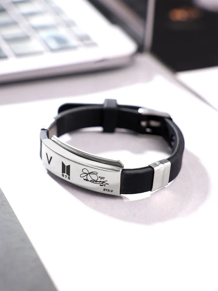 Yellow Chimes Yellow Chimes Bracelets for Girls and Boys BTS Bracelet for Girls Boys Silver Toned BTS Band Exquisite Signature VBTS Bracelets Stainless Steel Silicon Wristband Bracelet Necklaces
