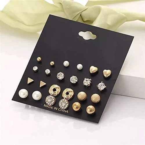 Yellow Chimes Yellow Chimes Combo of 12 PairsSet Multi Stylish Crystal Pearls Heart Shape Gold Plated Stud Earrings For Women and Girls Rings