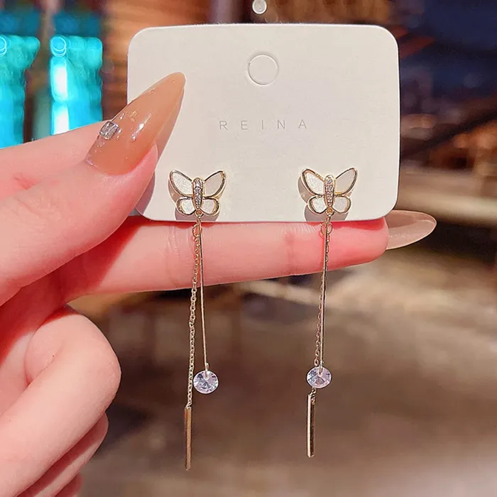 Yellow Chimes Yellow Chimes Earrings For Women Gold Tone Crystal Studded Butterfly Stud With Long Chain Drop Dangler Earrings For Women and Girls Earrings