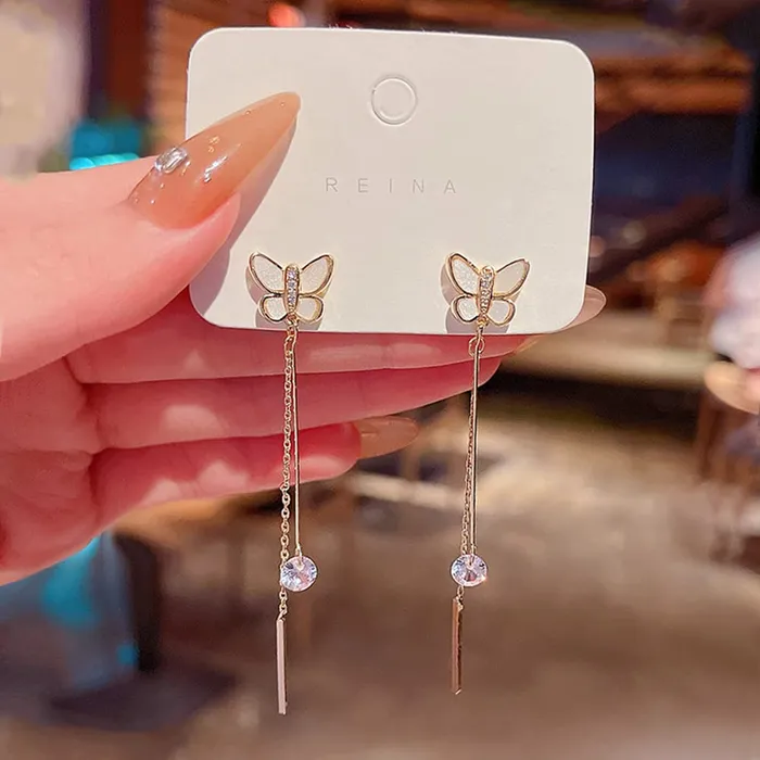 Yellow Chimes Yellow Chimes Earrings For Women Gold Tone Crystal Studded Butterfly Stud With Long Chain Drop Dangler Earrings For Women and Girls Earrings