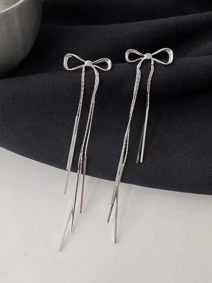 Yellow Chimes Yellow Chimes Earrings For Women Silver Toned Bow Shaped Chain Hanging Dangler Earrings For Women and Girls Earrings