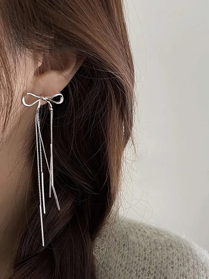 Yellow Chimes Yellow Chimes Earrings For Women Silver Toned Bow Shaped Chain Hanging Dangler Earrings For Women and Girls Earrings