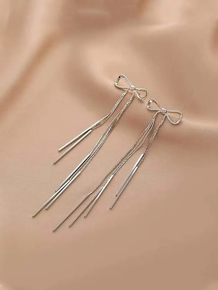 Yellow Chimes Yellow Chimes Earrings For Women Silver Toned Bow Shaped Chain Hanging Dangler Earrings For Women and Girls Earrings