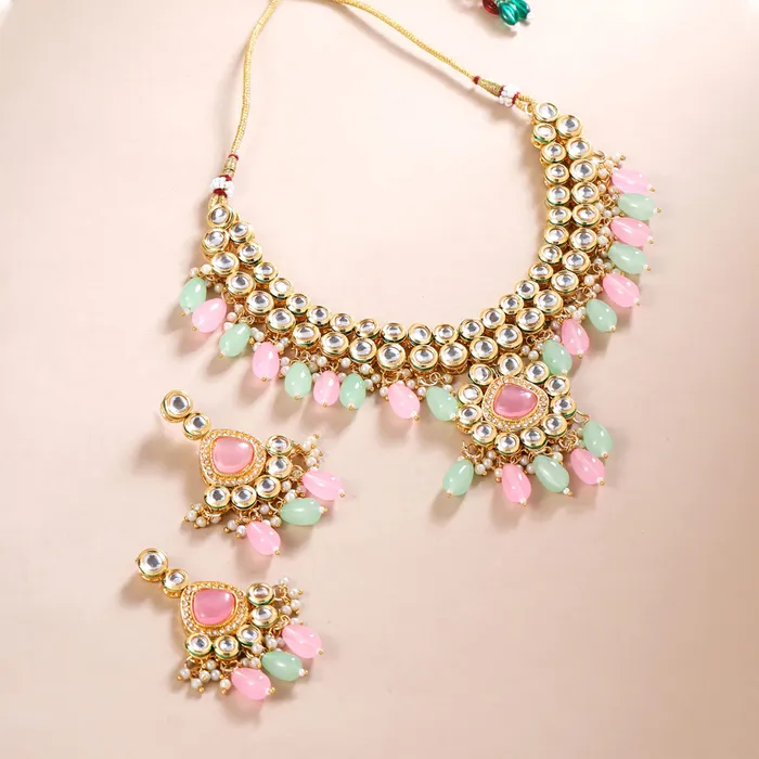 Yellow Chimes Yellow Chimes Jewellery Set for Women and Girls Kundan Necklace Set Gold Plated White Pearl Drop Kundan Choker Necklace Set Birthday Gift for girls and women Anniversary Gift for Wife Earrings
