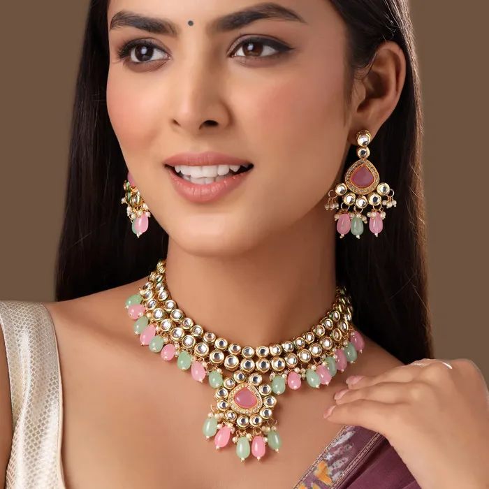 Yellow Chimes Yellow Chimes Jewellery Set for Women and Girls Kundan Necklace Set Gold Plated White Pearl Drop Kundan Choker Necklace Set Birthday Gift for girls and women Anniversary Gift for Wife Earrings