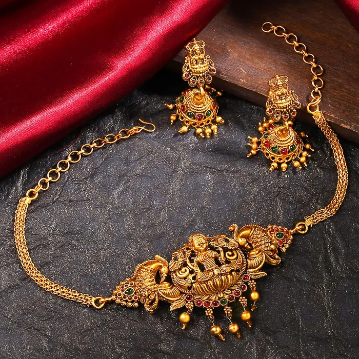 Yellow Chimes Yellow Chimes Jewellery Set for Women and Girls Temple Jewellery Set for Women Gold Plated Traditional Choker Necklace Set Birthday Gift for girls and women Anniversary Gift for Wife Bracelets
