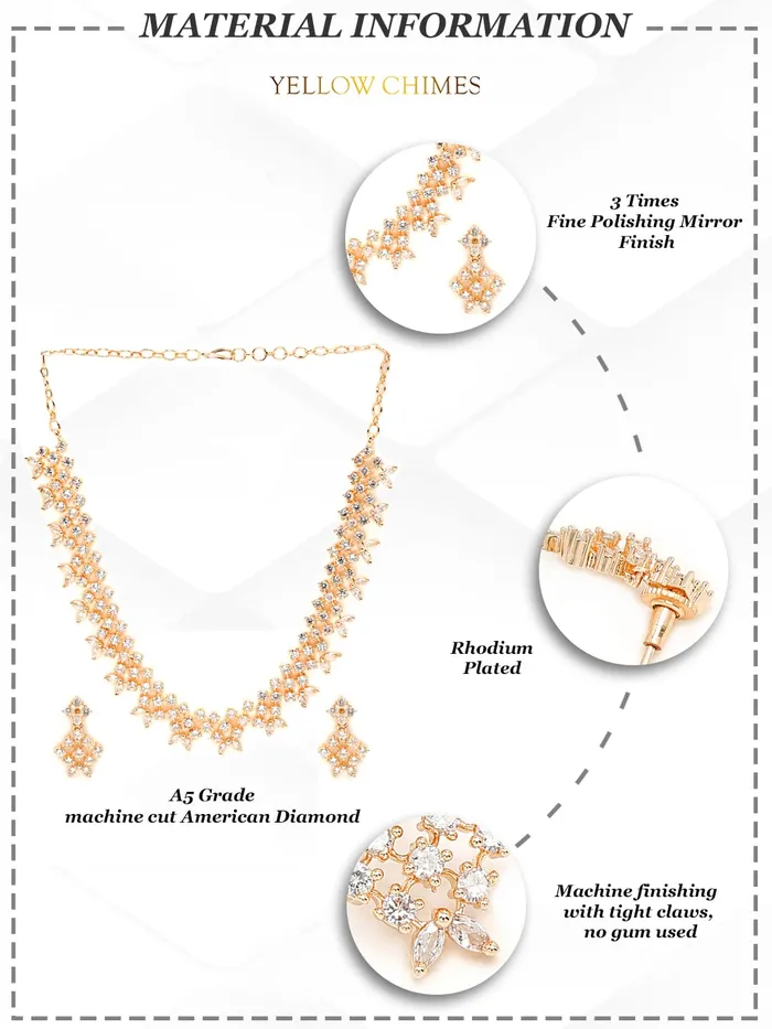 Yellow Chimes Yellow Chimes Jewellery Set For Women Rose Gold Toned ADAmerican Diamond Studded Necklace Set For Women and Girls Earrings