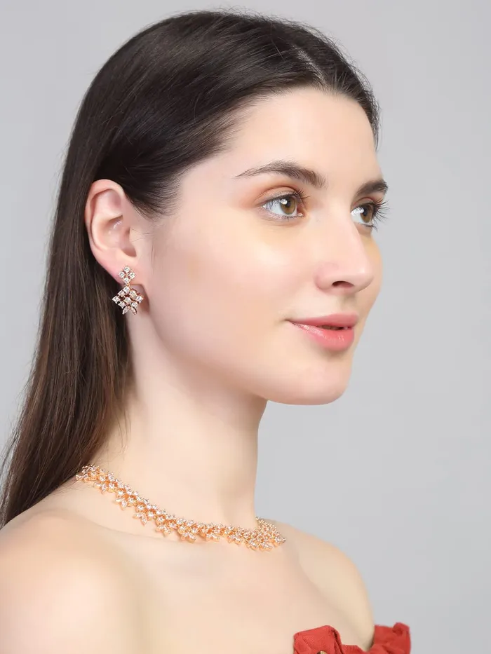 Yellow Chimes Yellow Chimes Jewellery Set For Women Rose Gold Toned ADAmerican Diamond Studded Necklace Set For Women and Girls Earrings