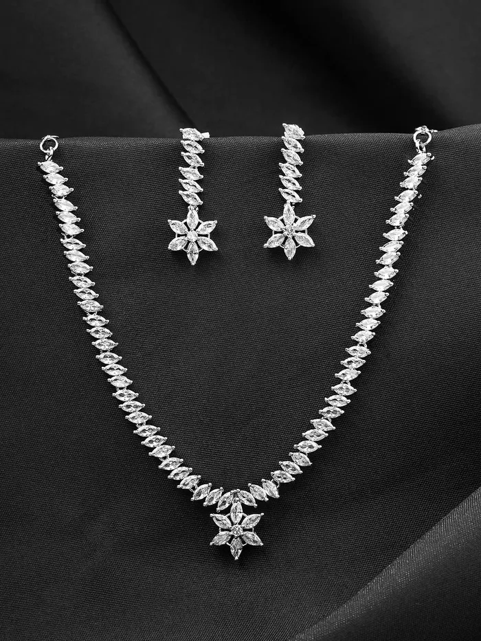 Yellow Chimes Yellow Chimes Jewellery Set for Women Silver Toned American DiamondAD Studded Floral Charm Design Choker Necklace Set with Earrings for Women and Girls Necklaces