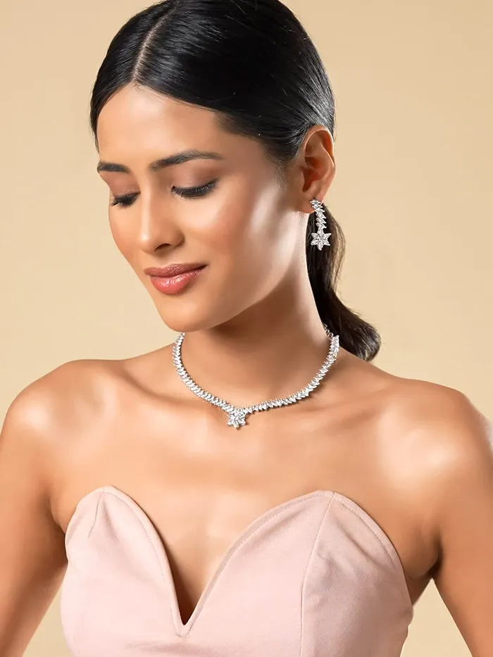 Yellow Chimes Yellow Chimes Jewellery Set for Women Silver Toned American DiamondAD Studded Floral Charm Design Choker Necklace Set with Earrings for Women and Girls Necklaces
