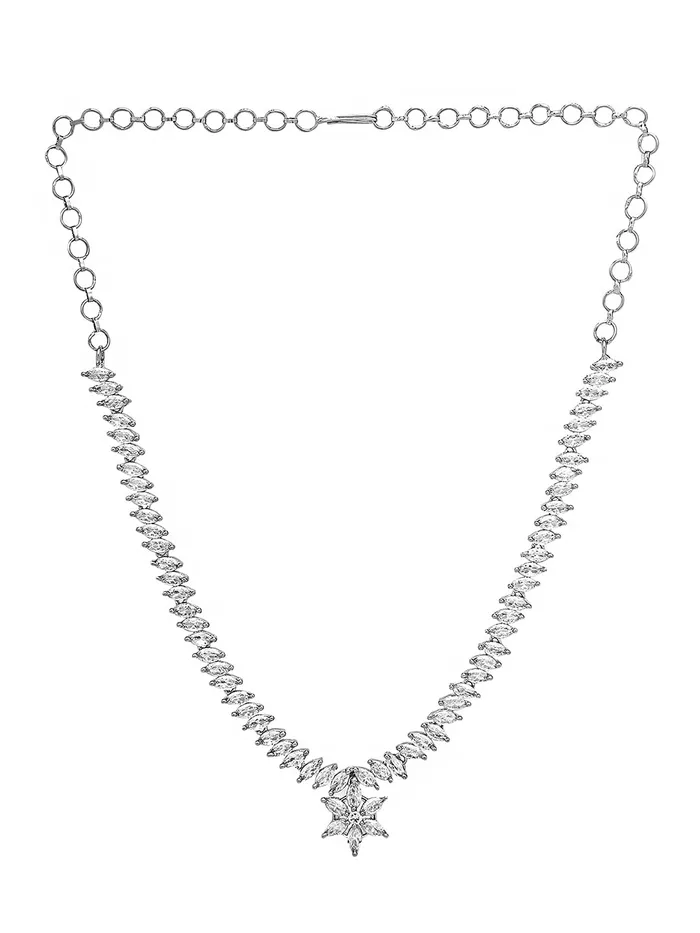 Yellow Chimes Yellow Chimes Jewellery Set for Women Silver Toned American DiamondAD Studded Floral Charm Design Choker Necklace Set with Earrings for Women and Girls Necklaces