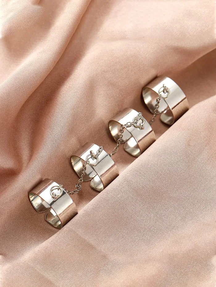 Yellow Chimes Yellow Chimes Rings For Women Silver Toned Combo Of 4 Chain Linked Cool Girls Punk Stylish Finger Rings For Women and Girls Necklaces