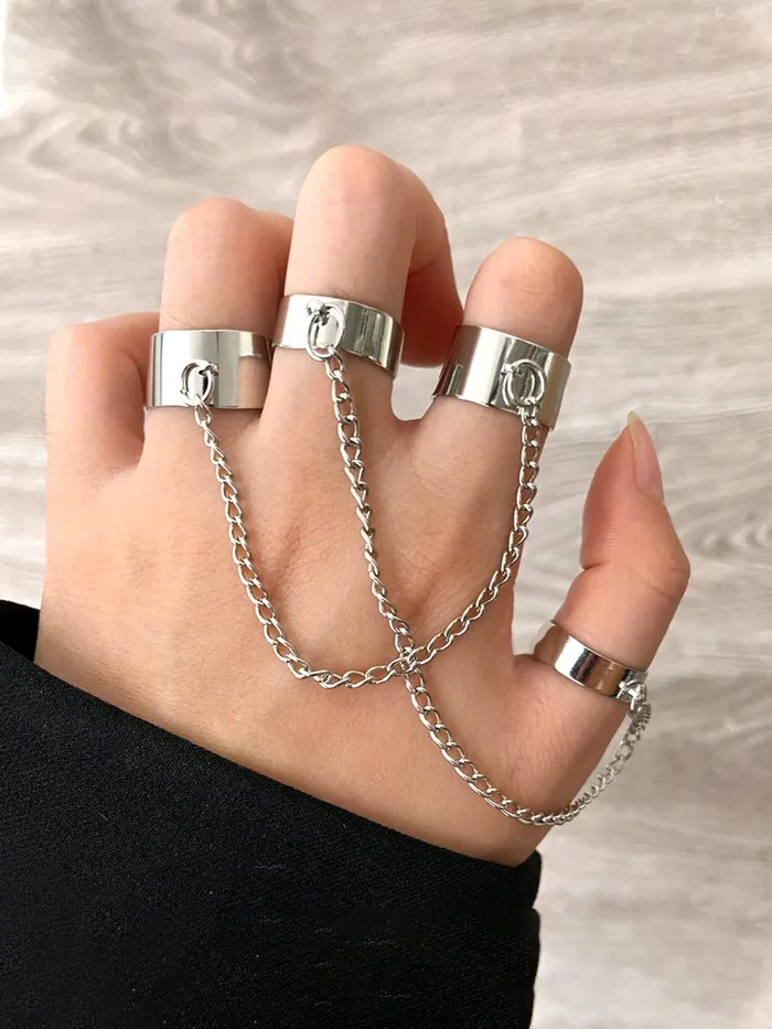Yellow Chimes Yellow Chimes Rings For Women Silver Toned Combo Of 4 Chain Linked Cool Girls Punk Stylish Finger Rings For Women and Girls Necklaces