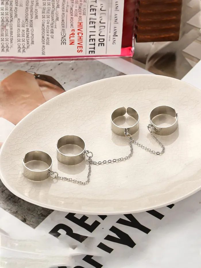 Yellow Chimes Yellow Chimes Rings For Women Silver Toned Combo Of 4 Chain Linked Cool Girls Punk Stylish Finger Rings For Women and Girls Necklaces