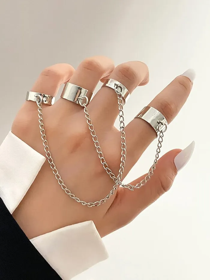 Yellow Chimes Yellow Chimes Rings For Women Silver Toned Combo Of 4 Chain Linked Cool Girls Punk Stylish Finger Rings For Women and Girls Necklaces