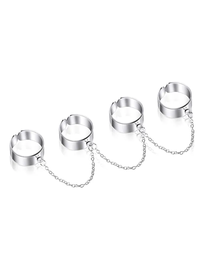 Yellow Chimes Yellow Chimes Rings For Women Silver Toned Combo Of 4 Chain Linked Cool Girls Punk Stylish Finger Rings For Women and Girls Necklaces
