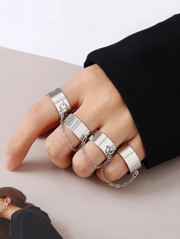 Yellow Chimes Yellow Chimes Rings For Women Silver Toned Combo Of 4 Chain Linked Cool Girls Punk Stylish Finger Rings For Women and Girls Necklaces